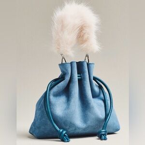 Anthropologie Cinched Suede Faux Fur Bucket Bag in Blue NWT